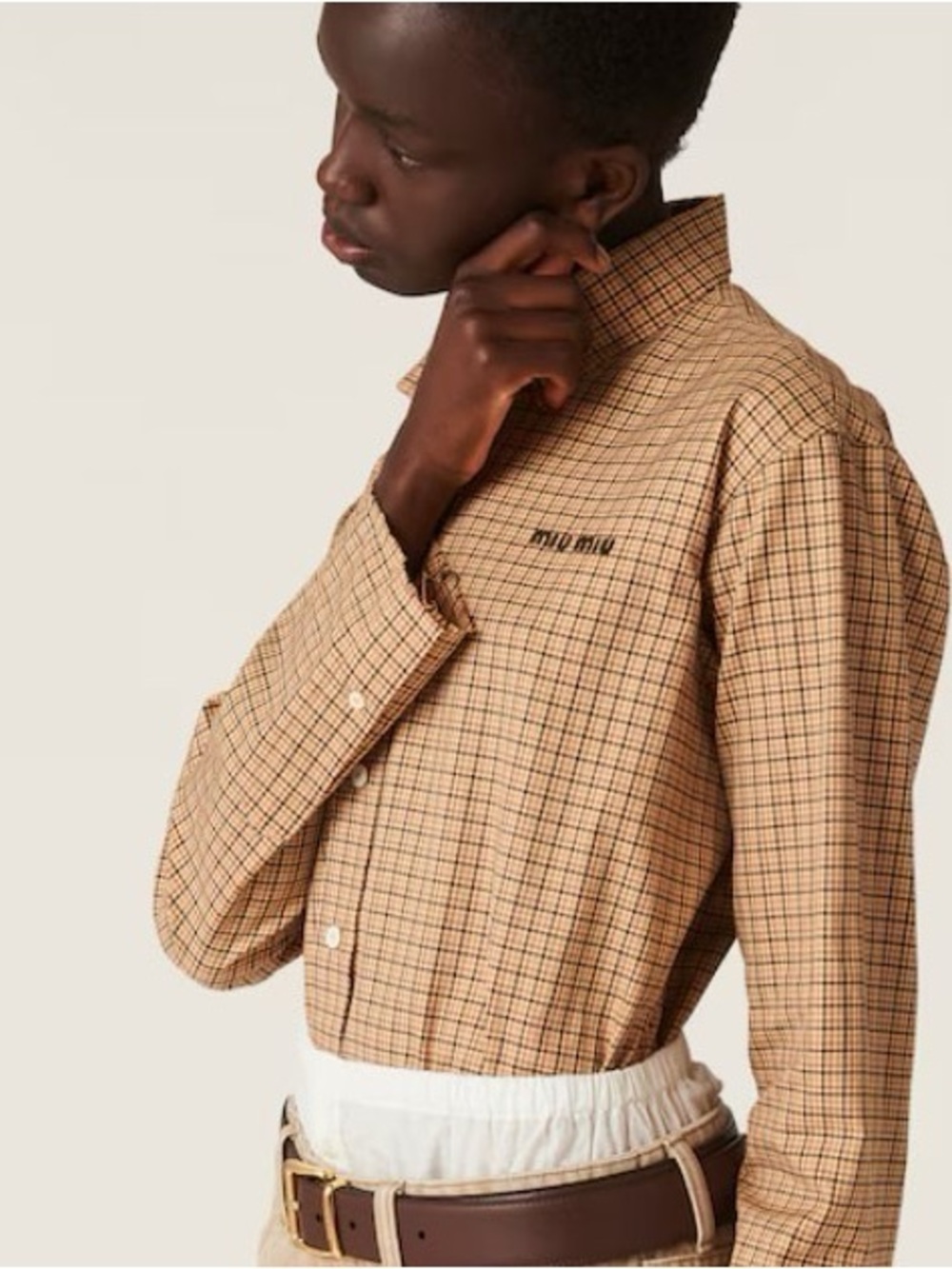 Miu Miu Tan Plaid Button-Up Shirt with Logo